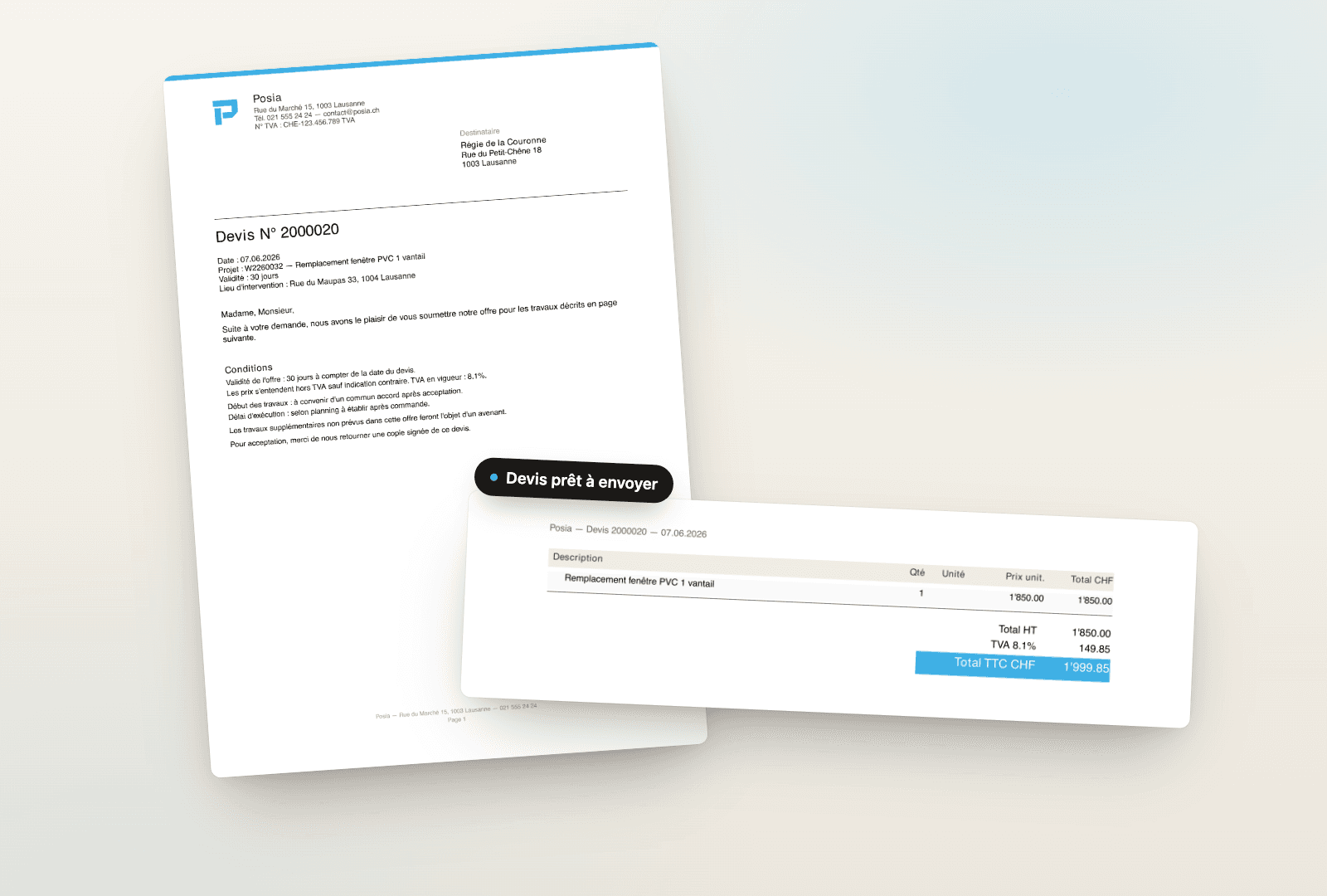 Devis PDF propre avec postes et total