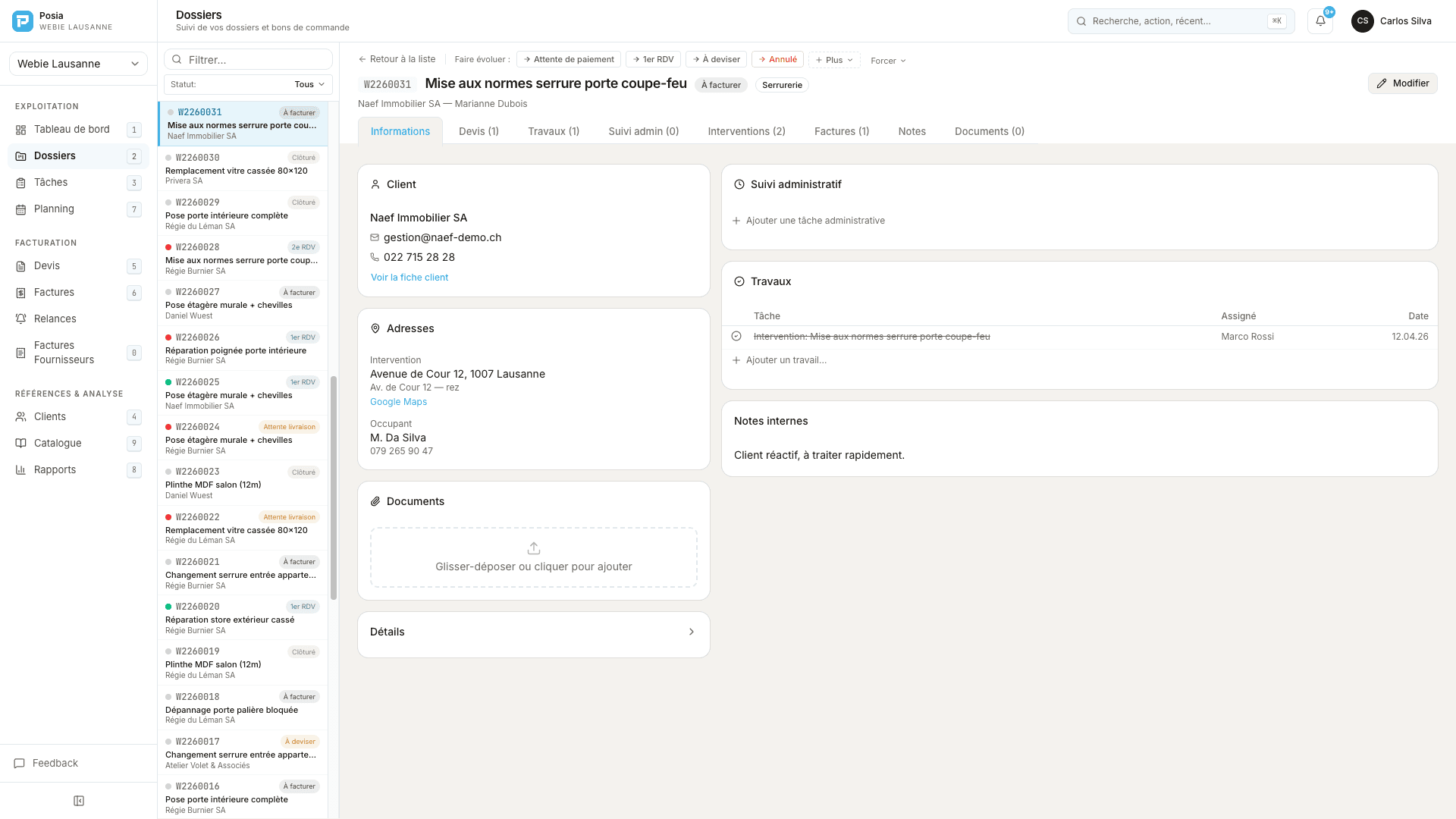Fiche dossier : client, devis, tâches, interventions, facture