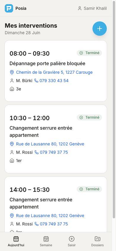 Interventions du jour, vue monteur mobile